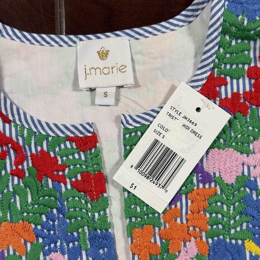 J.Marie Women's Size Small Blue White Striped Embroidered Tristen Midi Dress - Picture 8 of 13